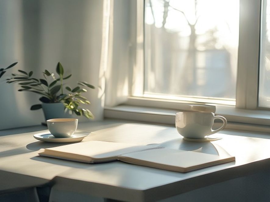 Morgenlys gennem vindue med plantas og notesbog på bord